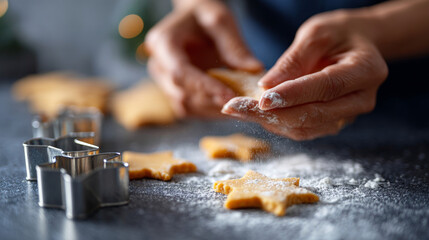 Close-up of hands dusting star-shaped cookie dough with flour on dark surface with metal cookie cutters in foreground