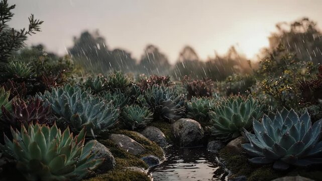 Succulents in rain with stream and forest background