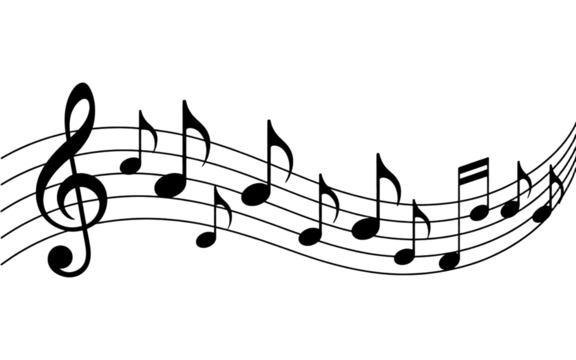 Stylized white musical notes and staff on a black background isolated on transparent background