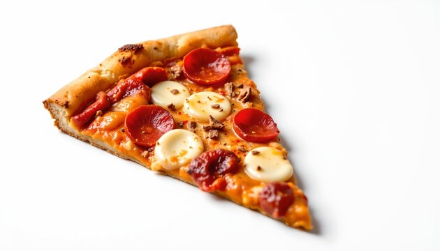 Close up photograph of a single slice of pizza with pepperoni toppings, set against a white background.