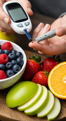 Healthy lifestyle and diabetes management concept with fresh fruits and glucometer for healthy eating and blood sugar monitoring, Diabetes Management & Healthy Lifestyle 