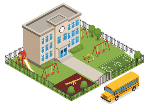 Isometric vector illustration of a modern school building with a vibrant playground and a classic yellow school bus. Representing childhood education and student life