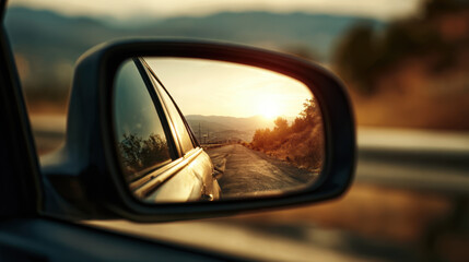 Sunset road mirror reflection car side mirror rearview mirror sunset mountain road golden light scenic drive countryside travel horizon