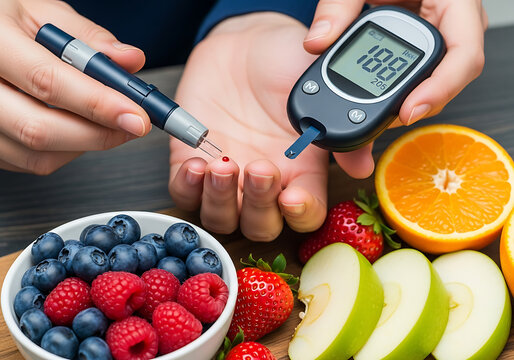 Healthy lifestyle and diabetes management concept with fresh fruits and glucometer for healthy eating and blood sugar monitoring, Diabetes Management & Healthy Lifestyle 