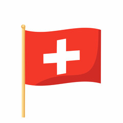 Swiss flag waving on a wooden flagpole with a white background Keywords: Switzerland, Swiss flag, national flag, red, white, cross, symbol, patriotism, country, Europe, independence, freedom