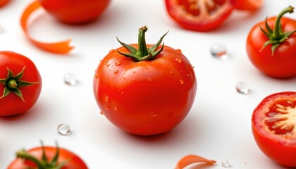 A collection of ripe tomatoes neatly arranged on a white surface with drops of water adding a fresh ambiance.