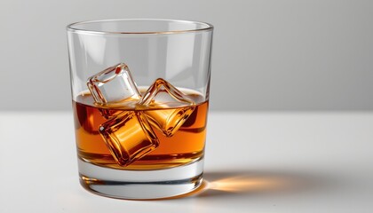 A close up of a whiskey drink with ice cubes in a glass on a table.