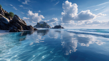 Crystal blue ocean water reflecting dramatic cloudscape over rocky tropical beach with distant island and gentle waves, serene natural seascape evoking peaceful calm