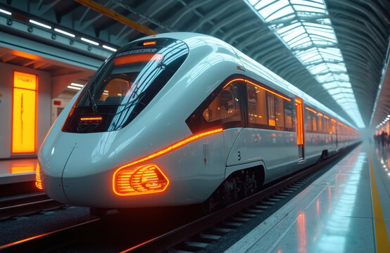 Modern train waits at metro station platform. Futuristic transport with glowing orange lights. High speed rail vehicle arrives to station in city. Commute travel concept. - Powered by Adobe