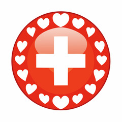 Obraz premium Red Circle with White Swiss Cross and Border of White Hearts on White Background Switzerland love