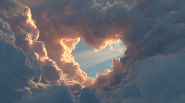 Billowy cloud heart opening with sunbeam cumulus cloud towering cloud glowing cloud edge warm light sky blue