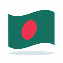 Flat illustration of the Bangladesh flag with a red circle on a green field waving on a white background