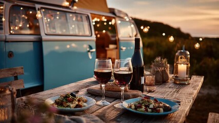 Outdoor Camping Dinner by a Vintage Blue Van at Golden Hour with Two Glasses of Red Wine and Plates of Food Lit by String Lights