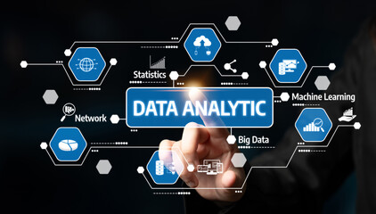 A visual representation of data analytics, showcasing icons for big data, machine learning, and statistics. This image emphasizes the integration of technology and business insights. Tessel