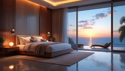 Obraz premium Modern bedroom with plush bed overlooks ocean sunset. Luxurious hotel suite features wood paneling, ambient lighting, and balcony with chaise lounge. Serene coastal view.