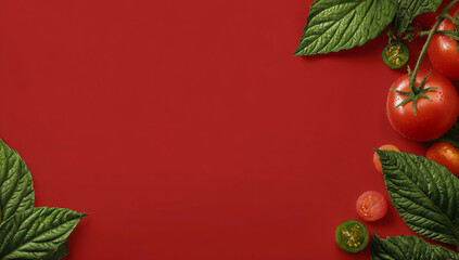 Vibrant red tomatoes and fresh green basil leaves arranged on a deep red background
