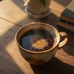Cozy Golden Hour Macro of Steaming Black Coffee in Artisanal Ceramic Mug on Rustic Wood Table, Appetizing Beverage for Morning Comfort