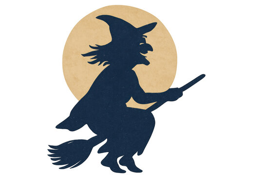 Witch flying on broomstick through night sky against full moon, celebrating halloween night with magic and mystery