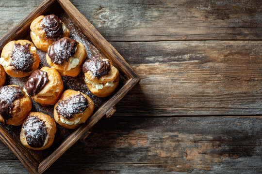 Cream puff with chocolate topping and powdered sugar in wooden box on rustic wooden table, cozy dessert presentation and warm homemade pastry appeal
