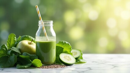 Green Detox Smoothie with Fresh Vegetables and Chia Seeds in Glass Bottle