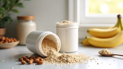 Protein Powder Spilling from Container with Oats Almonds and Banana