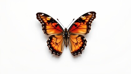 A single butterfly resting against a plain white background. The butterfly has vibrant orange wings with darker markings, a pattern that may indicate its species or subspecies