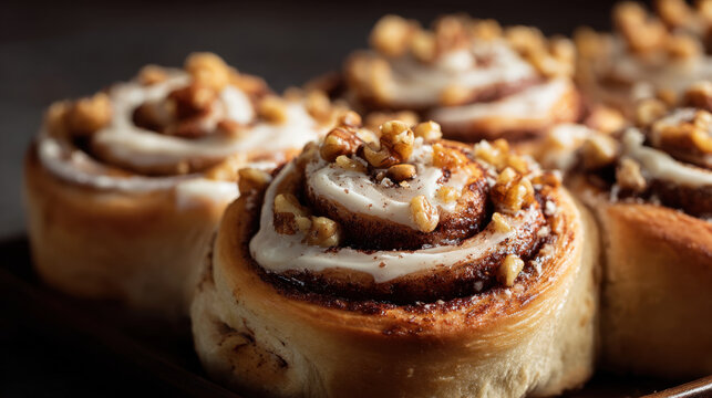 Creamy iced cinnamon roll with walnut pieces on soft spiral pastry, warm texture and sweet glaze, close up bakery treat evoking cozy comfort and indulgent aroma - Powered by Adobe