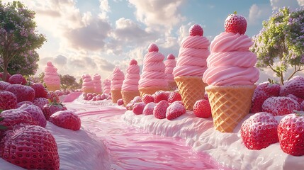 Whimsical strawberry ice cream cones with waffle texture high resolution picture