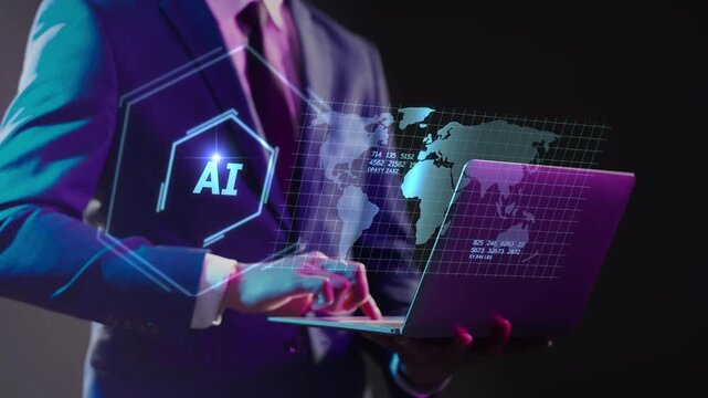Global Business Management with AI, Professional managing international operations or analyzing big data using Artificial Intelligence AI for global data analysis, international strategy, and futurist - Powered by Adobe