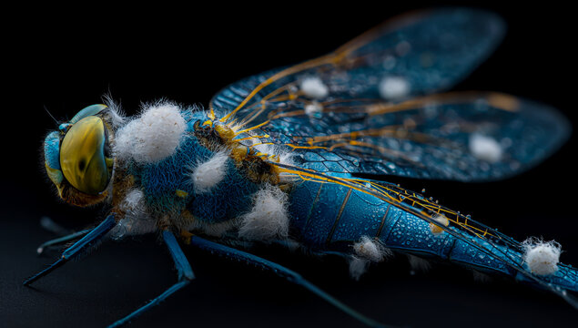 Close up macro shot of a vibrant blue and yellow insect with intricate wings against a dark background
