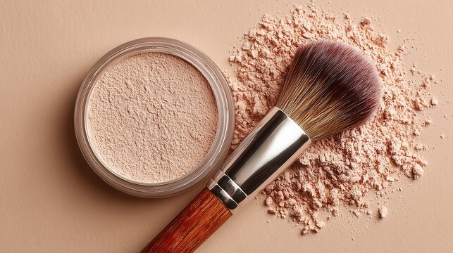 Compact powder with makeup brush on beige background cosmetic beauty concept