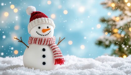 Fototapeta premium Charming snowman decoration winter wonderland holiday scene festive atmosphere close-up view joyful concept for celebrating the season with cheer and warmth