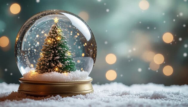 Capturing the magic snow globe with miniature christmas tree in a cozy indoor setting with soft lighting and sparkling bokeh for a festive celebration