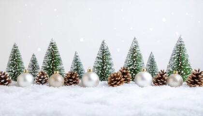Fototapeta premium Festive winter decor featuring pine trees christmas ornaments and pinecones in a snowy environment captured in a cozy indoor setting for holiday cheer and aesthetic appeal