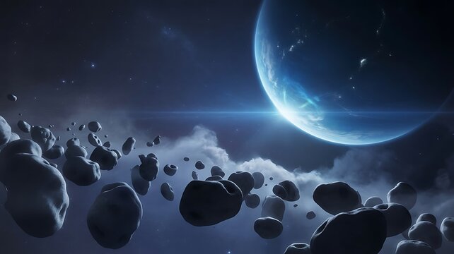 Cosmic asteroid field with distant blue planet space