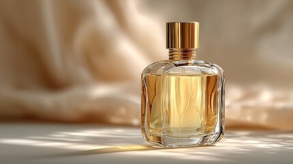 Elegant perfume bottle with golden cap on soft beige background