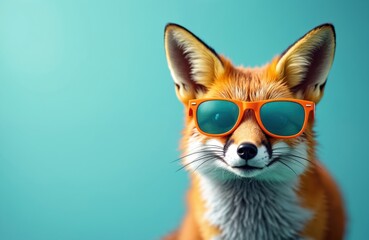 Obraz premium Stylish red fox wears cool orange sunglasses against aqua studio background. Funny wild animal character looks confident, trendy. Cute fashionable mammal portrait with vibrant colors, copy space for