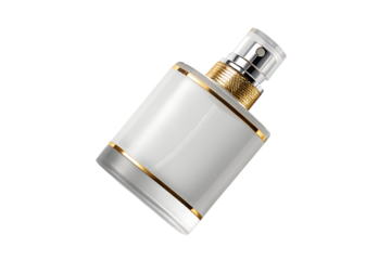 Elegant white perfume bottle for cosmetics, beauty and fragrance mockup, with gold details and minimalist design