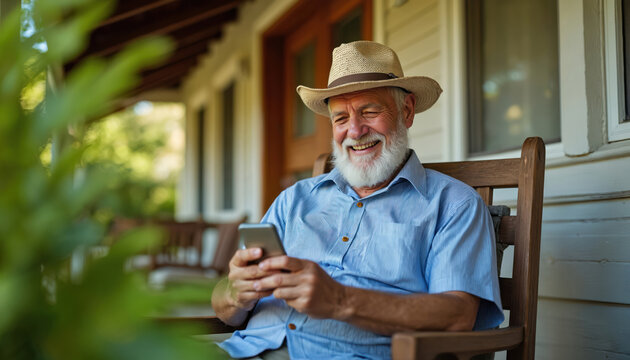 Elderly man sits on porch chair, smiling while using mobile phone. Senior retiree relaxes, chats on smartphone outdoors on a sunny day. Happy old man wearing casual clothes and hat.