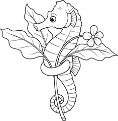 Cute Cartoon Seahorse Holding a Flower with Leaves 