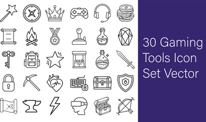 30 Gaming tools Icon set of Line art icons