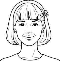 Minimalist,Line,Art,Portrait,Stylized,Character,Shoulder-Length,Hair,Bangs,Bow,Earrings,Female,Face,Icon,Black,White,Drawing,Simple,Design,Avatar