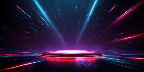 Neon podium platform with glowing rings and radial light streaks in futuristic cosmic stage, vibrant pink blue purple atmosphere conveying dynamic energy and sci fi excitement