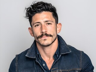 Fototapeta premium Handsome man with dark wavy hair, mustache, and a denim jacket poses confidently against a neutral background in a studio portrait shot.