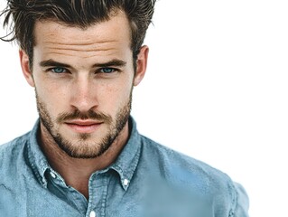 Fototapeta premium Handsome man with blue eyes and short hair looks intently at the camera wea a light blue shirt against a pure white background today.