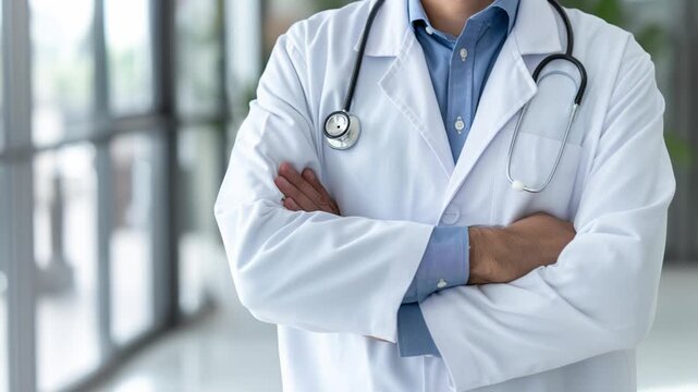 Professional medical doctor standing in a modern hospital hallway - Powered by Adobe