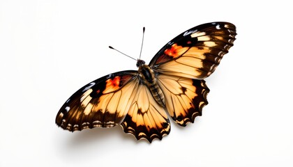 Fototapeta premium A single, large butterfly with a vibrant mix of orange and brown markings and wings, perched against a white background.