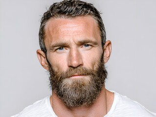 Obraz premium Portrait of a handsome mature man with a full beard looking directly at the camera against a plain white background in a studio setting.