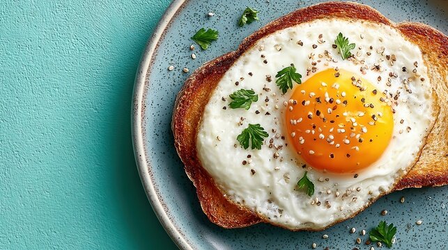Fried egg on pastel green background breakfast concept