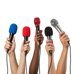Many hands holding colorful microphones isolated on white